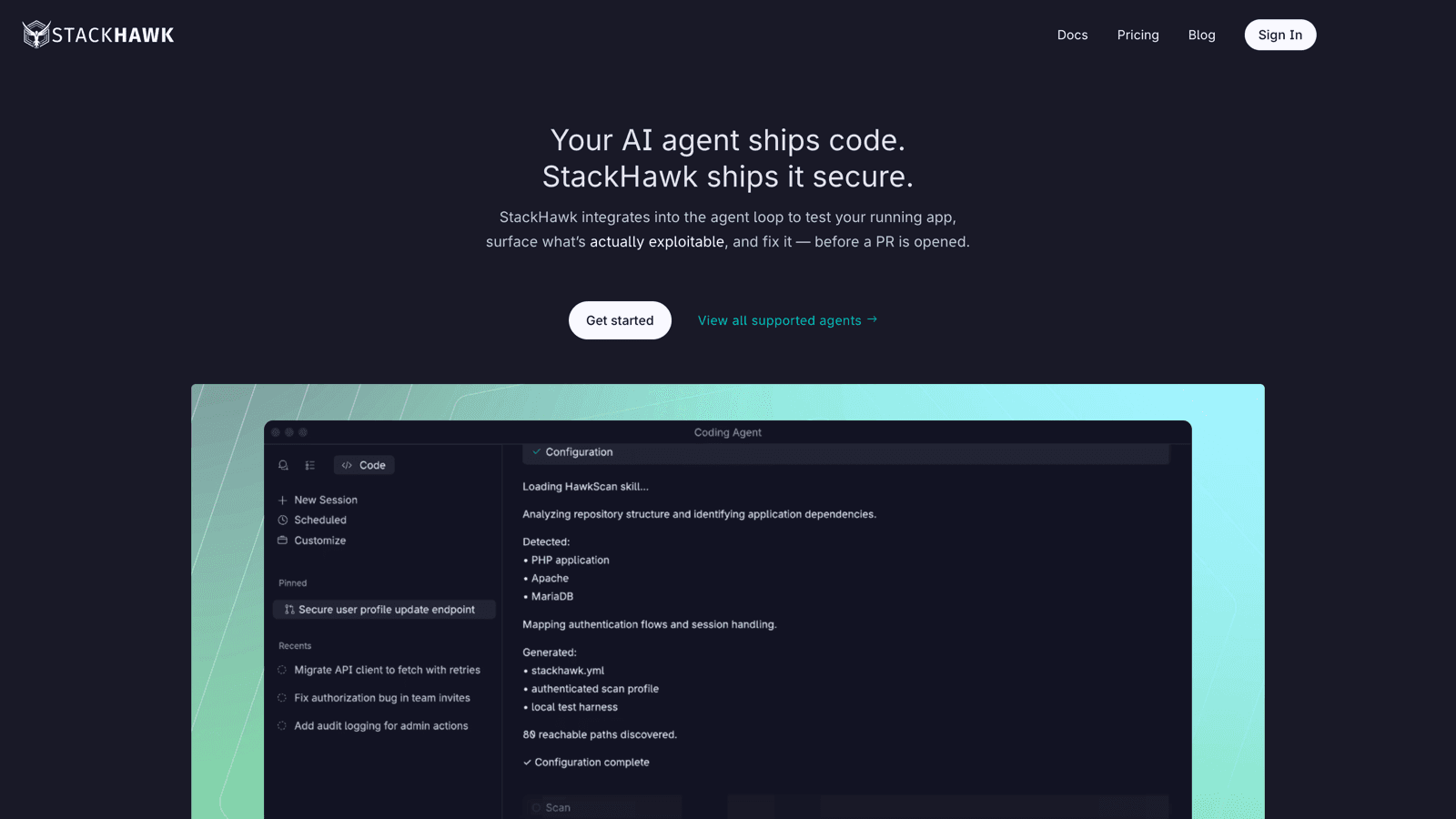 StackHawk homepage with the headline Your AI agent ships code, StackHawk ships it secure