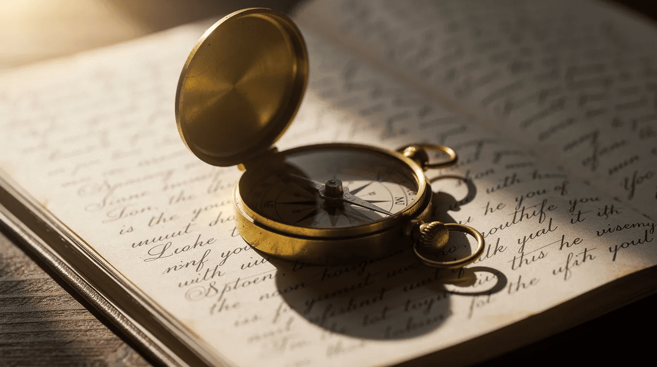 A compass sits atop a handwritten journal page, illuminated by warm natural light, symbolizing guidance and direction in navigating family governance and collective decision-making. This image evokes the importance of establishing a family council to align on shared values and vision for the family's future.