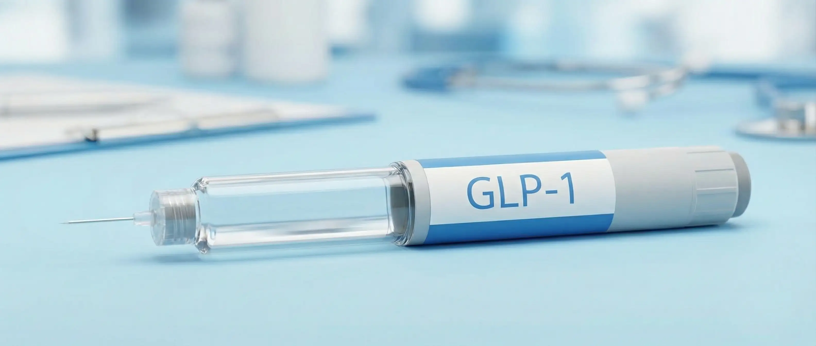 Stylo injecteur GLP-1 médical sur fond bleu.