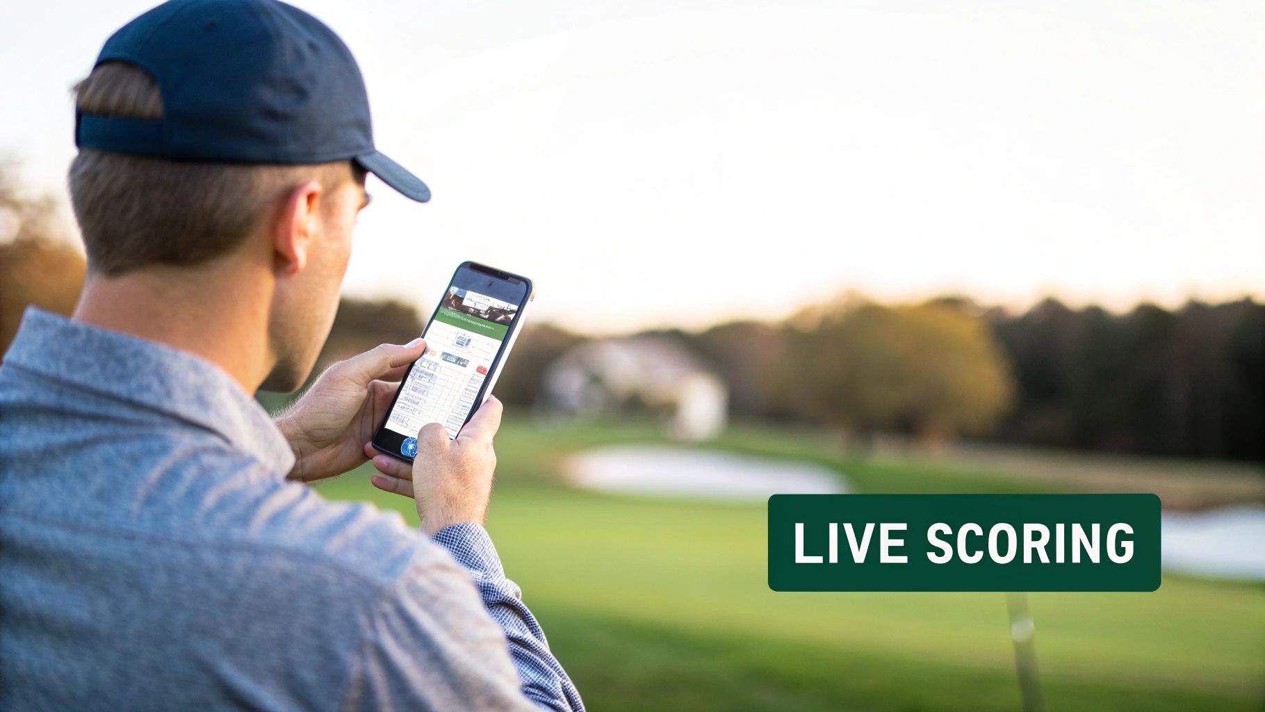A golfer views live scores on a smartphone app on a sunny golf course.