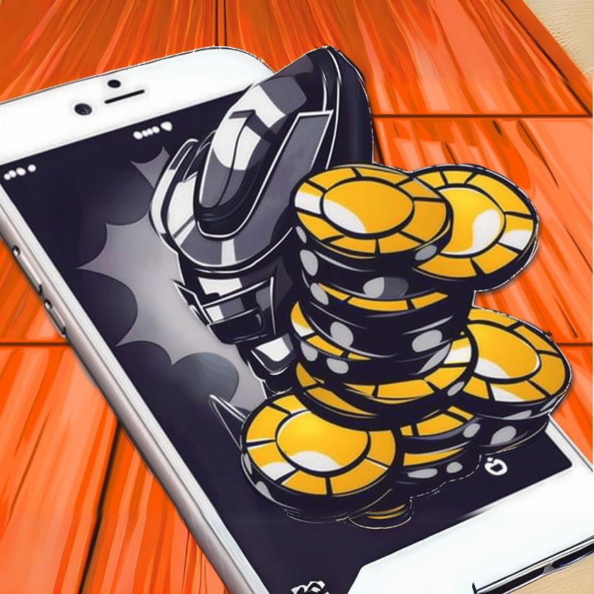 Robot stacking poker chips on a smartphone, symbolizing digital transactions and gaming integration