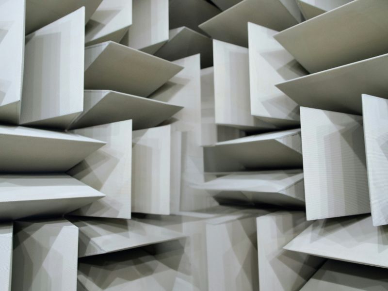 Picture of an anechoic chamber demonstrating the location of where some electroacoustic measurements are done