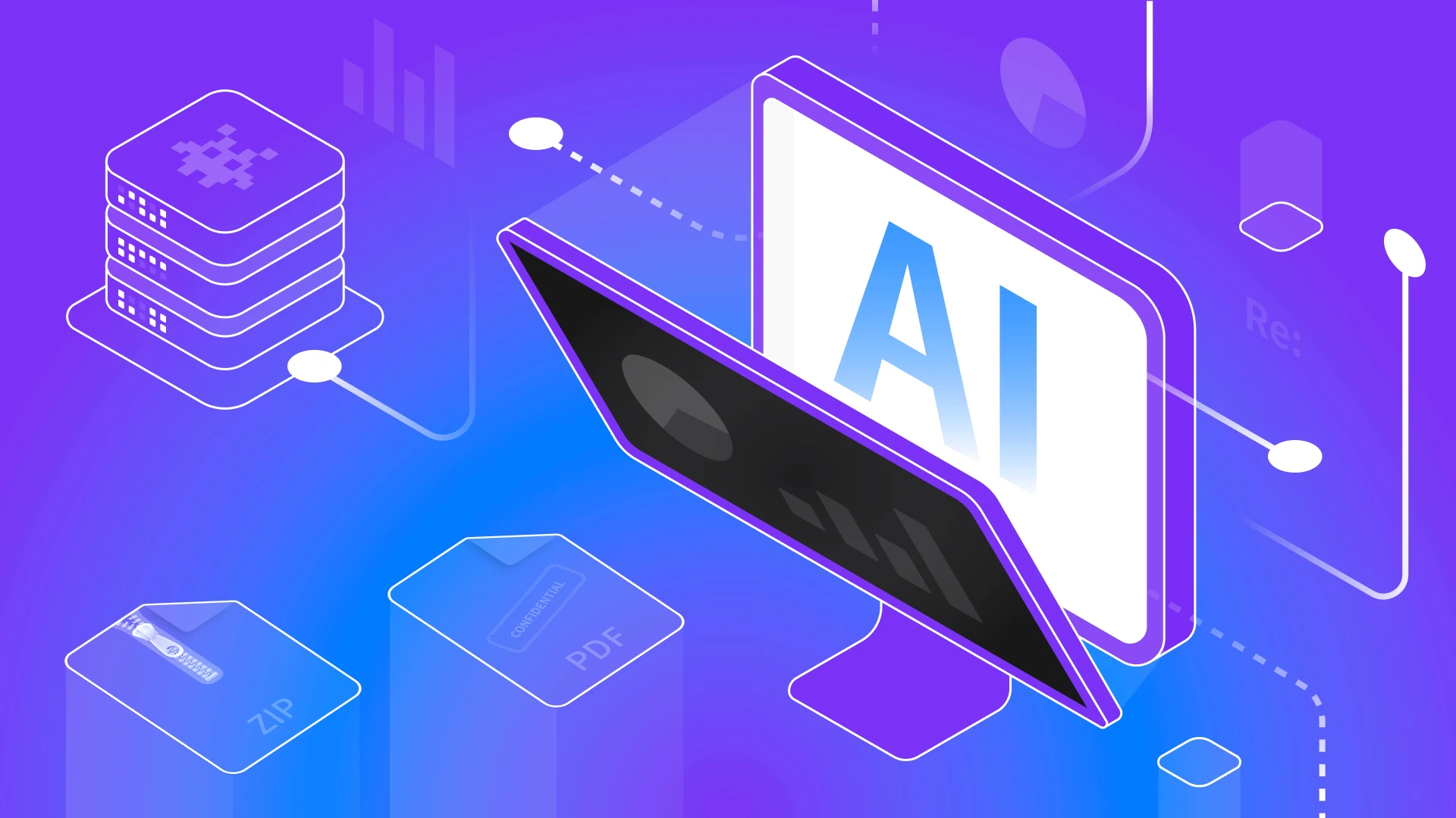 Isometric illustration representing Shadow AI risks: a computer monitor with "AI" text, a data folder, and confidential files.