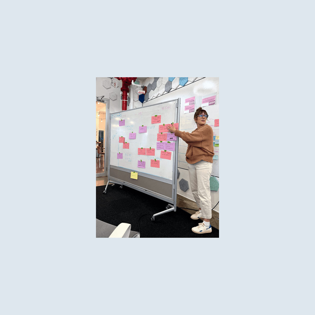 In this photo, I am walking the team through a prioritization matrix during an onsite ideation session in New York