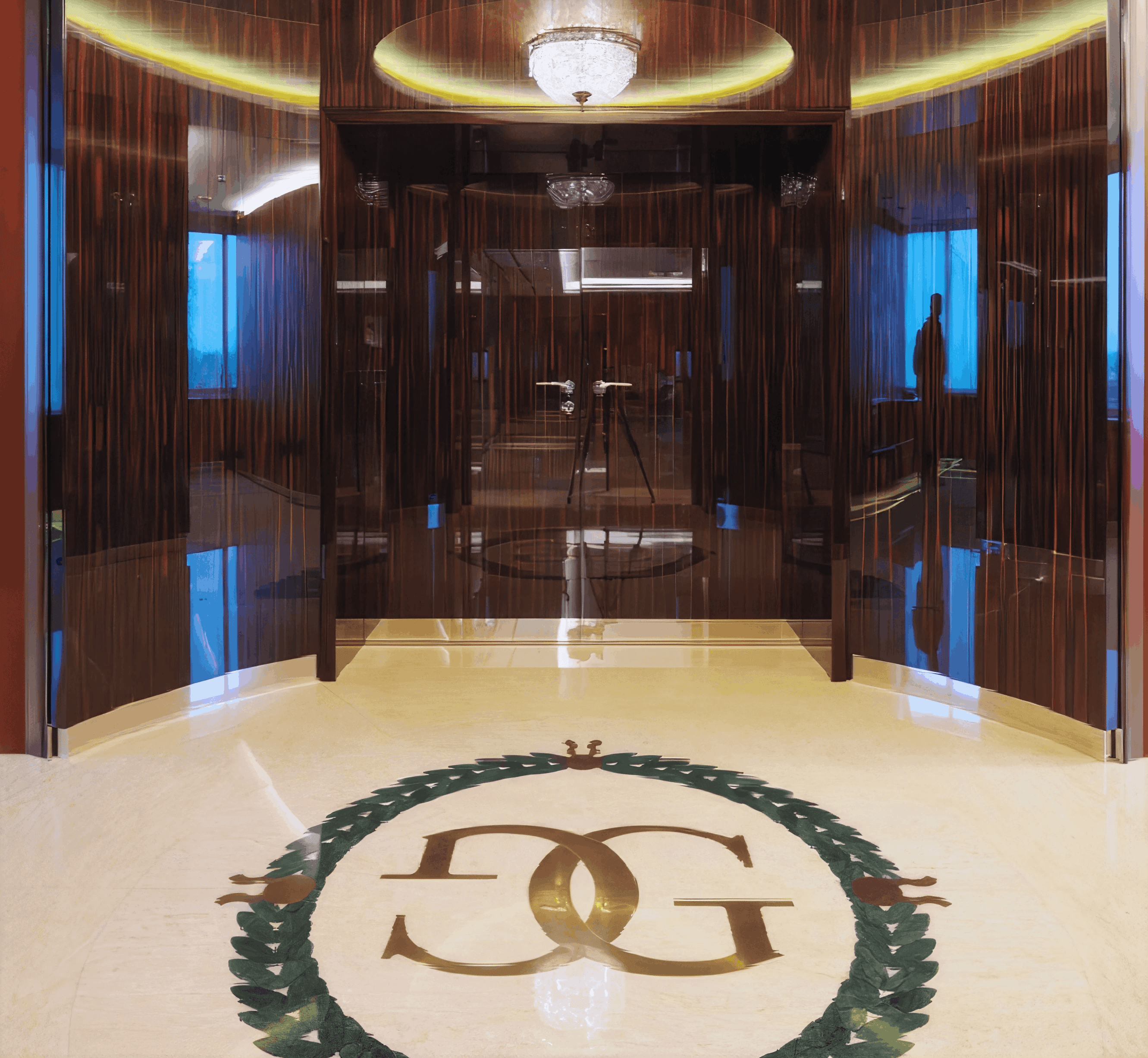 MW Interior  - Rundes Empfangsfoyer mit Makassar-Holzwänden, Marmoreinlegearbeit und monogrammiertem Bodenmosaik" Das kreisförmige Foyer ist vollständig mit hochglanzpoliertem Makassar-Furnier verkleidet. Im Marmorboden ist ein vergoldetes Firmenmonogramm mit Lorbeerkranz eingelegt. Eine kristallene Deckenleuchte und eine umlaufende Lichtnische in Gold unterstreichen den repräsentativen Charakter des Eingangsbereichs.