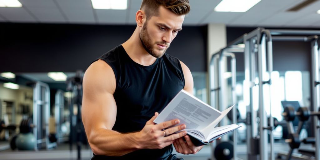 Trainer reading book in gym