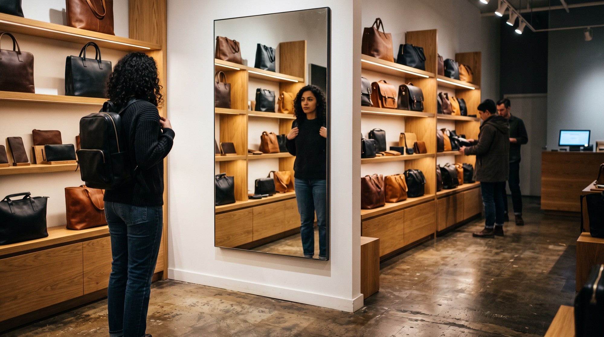 Shoppers browsing leather bags inside the Hale store
