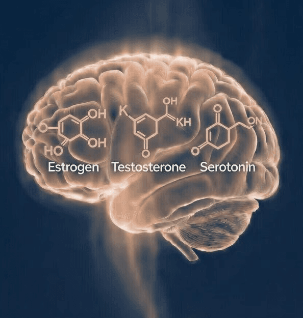 Illustration of a brain image showing estrogen, testosterone, and serotonin molecules with science-inspired visuals
