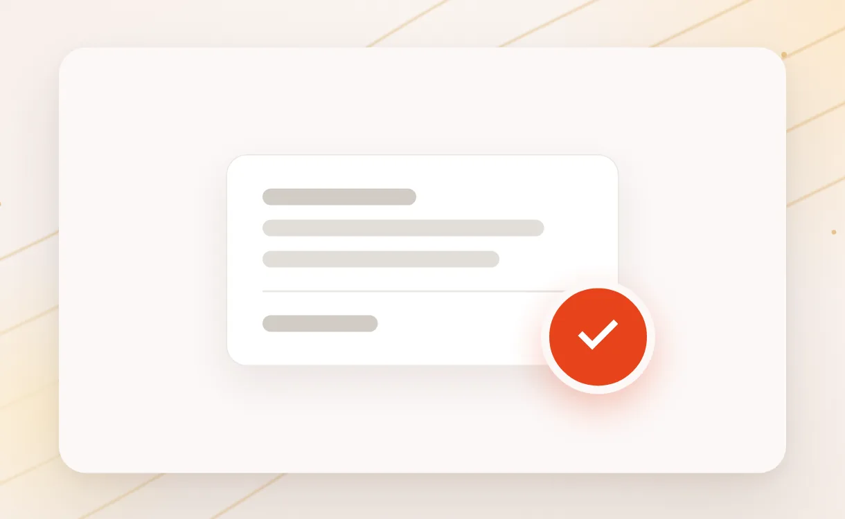 Beleg mit Textzeilen und einem orangefarbenen Haken