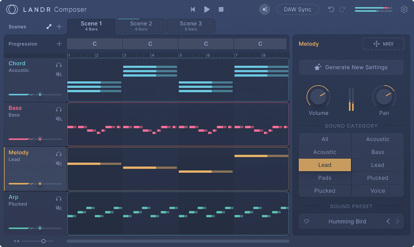 LANDR - Composer - AI Chord Progression Generator Interface