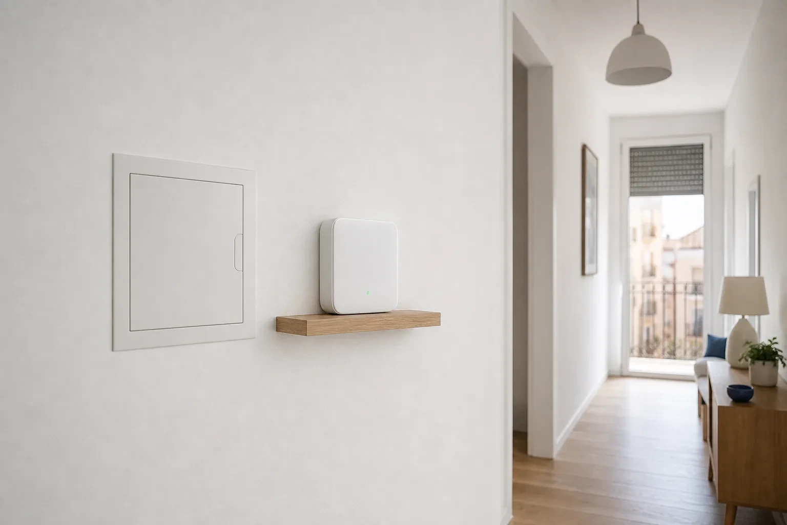Panel de una alarma en Tarragona junto al cuadro eléctrico de un piso, que sigue funcionando con batería si se va la luz