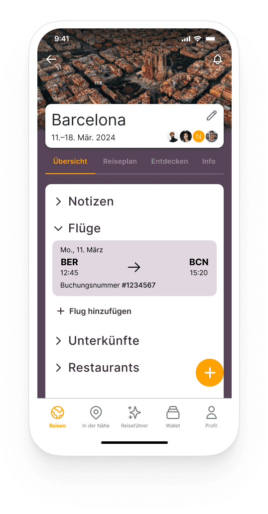 Übersichtsscreen der ausgewählten Reise mit verschiedenen Abschnitten zu Buchungen, Informationen etc.