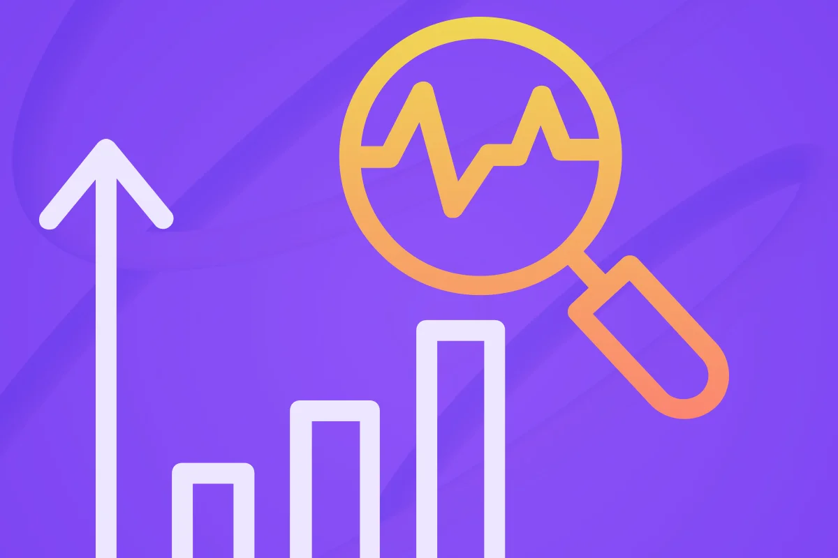 An abstract graphic featuring an upward trend line and a magnifying glass overlaid on a purple background.