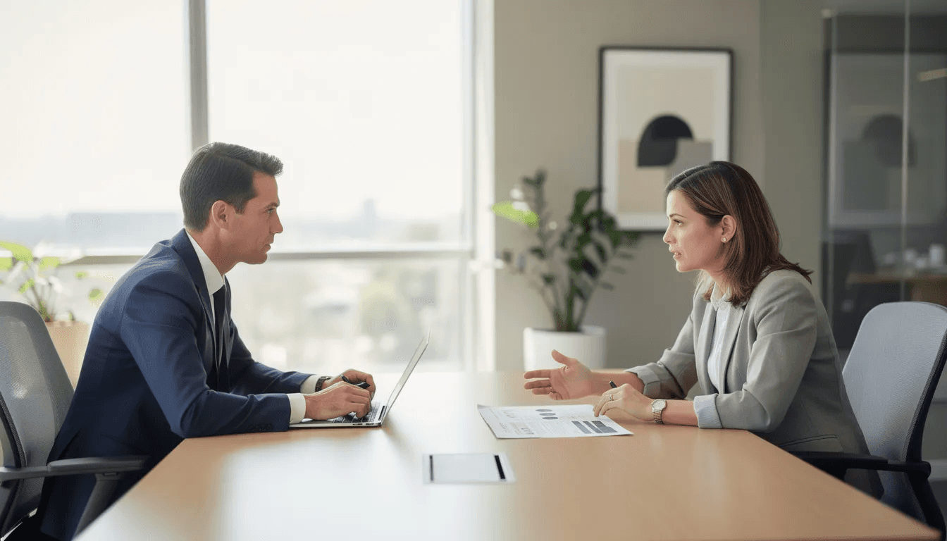 The image shows two professionals engaged in a consultation meeting in an office, discussing important topics such as estate and inheritance taxes, and providing tax advice related to managing a decedent's estate. Their focused expressions indicate a serious discussion about tax liability and strategies to avoid inheritance tax for future generations.
