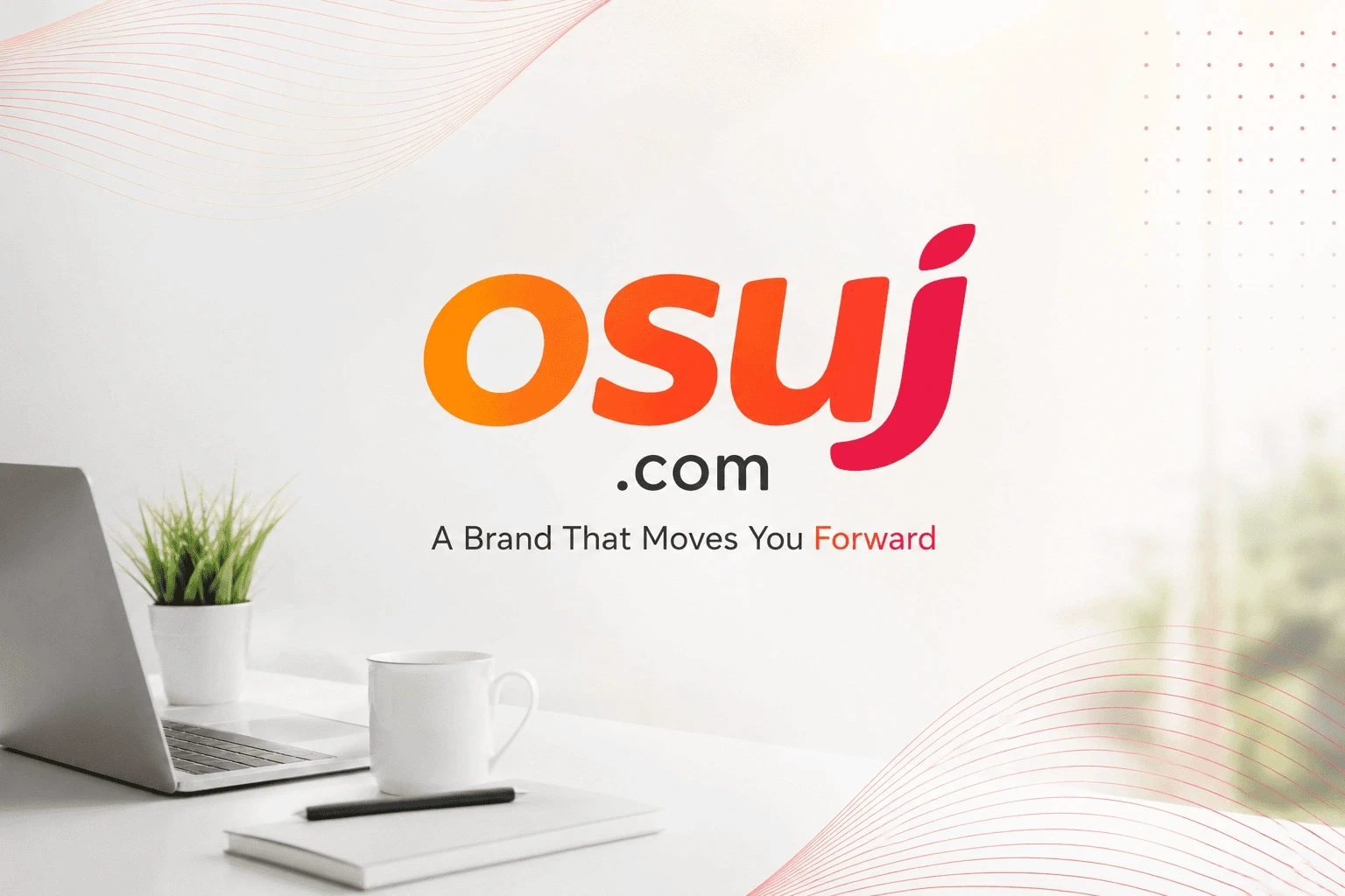 OSUJ.com premium domain branding image featuring a modern light gradient logo, ideal for startups, tech companies, and online businesses.