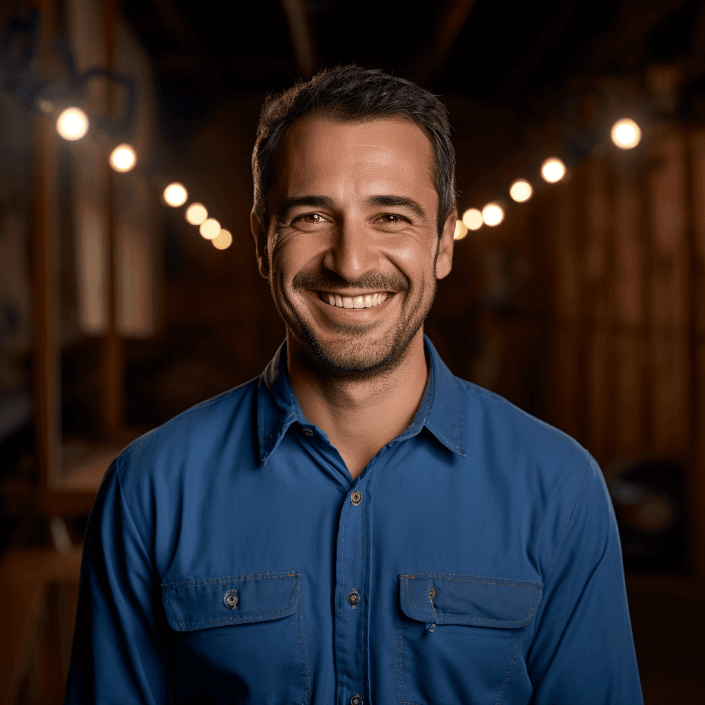 Smiling man in a blue shirt stands in a warmly lit, rustic interior with wooden beams.