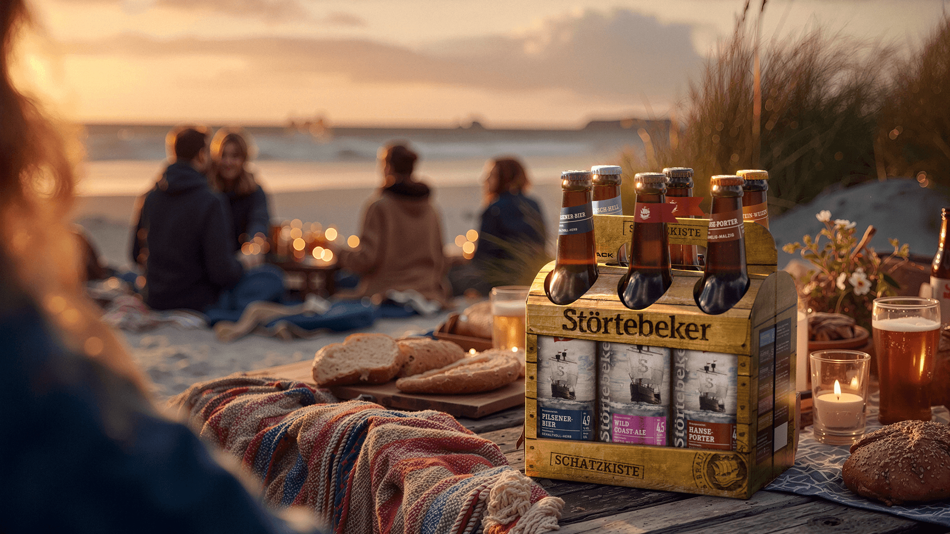 Störtebeker beer crate on beach picnic at sunset