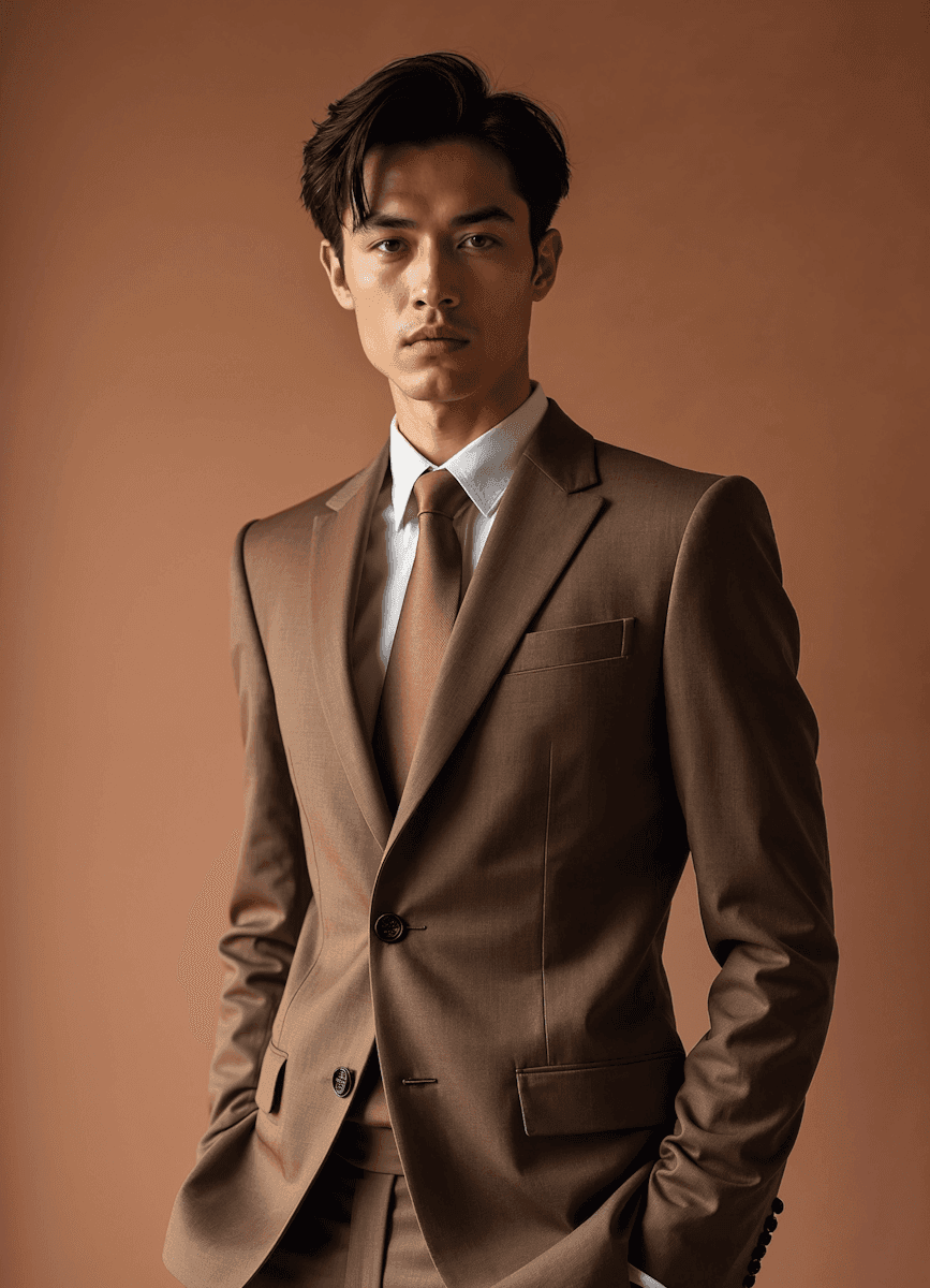 A man wearing a brown suit and tie stands confidently, showcasing a professional appearance.