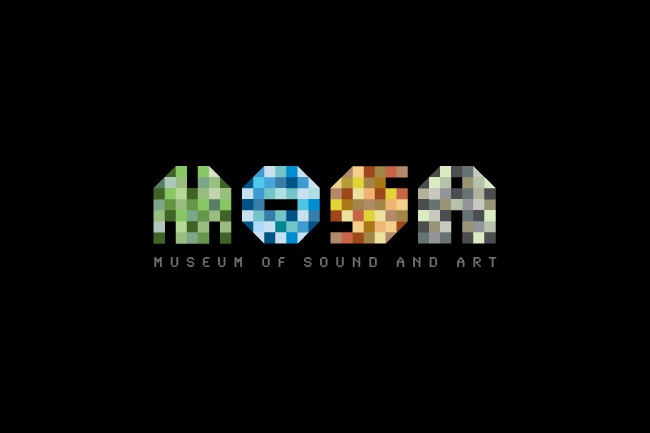 A vibrant webpage for the Museum of Sound and Art (MOSA) featuring a teal background with a central black square, showcasing a pink circle and green square, alongside scattered white squares. The navigation bar includes options for exploring the museum's offerings.