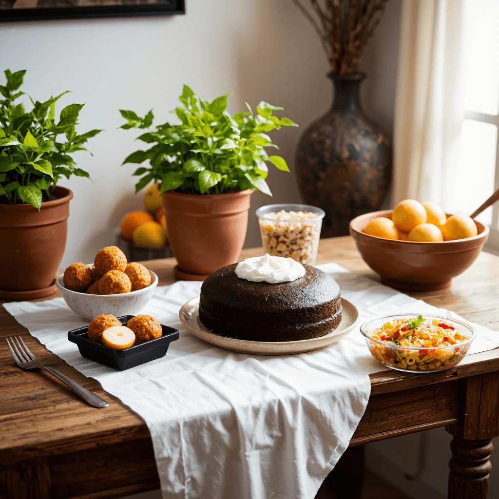 product photography of A chocolate cake with cream topping, a container of fried balls, and a container of pasta salad