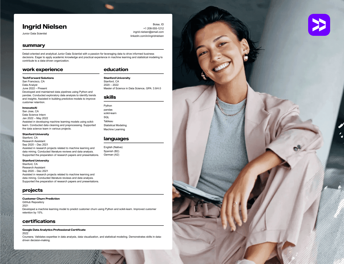 Data science CV example in professional office setting