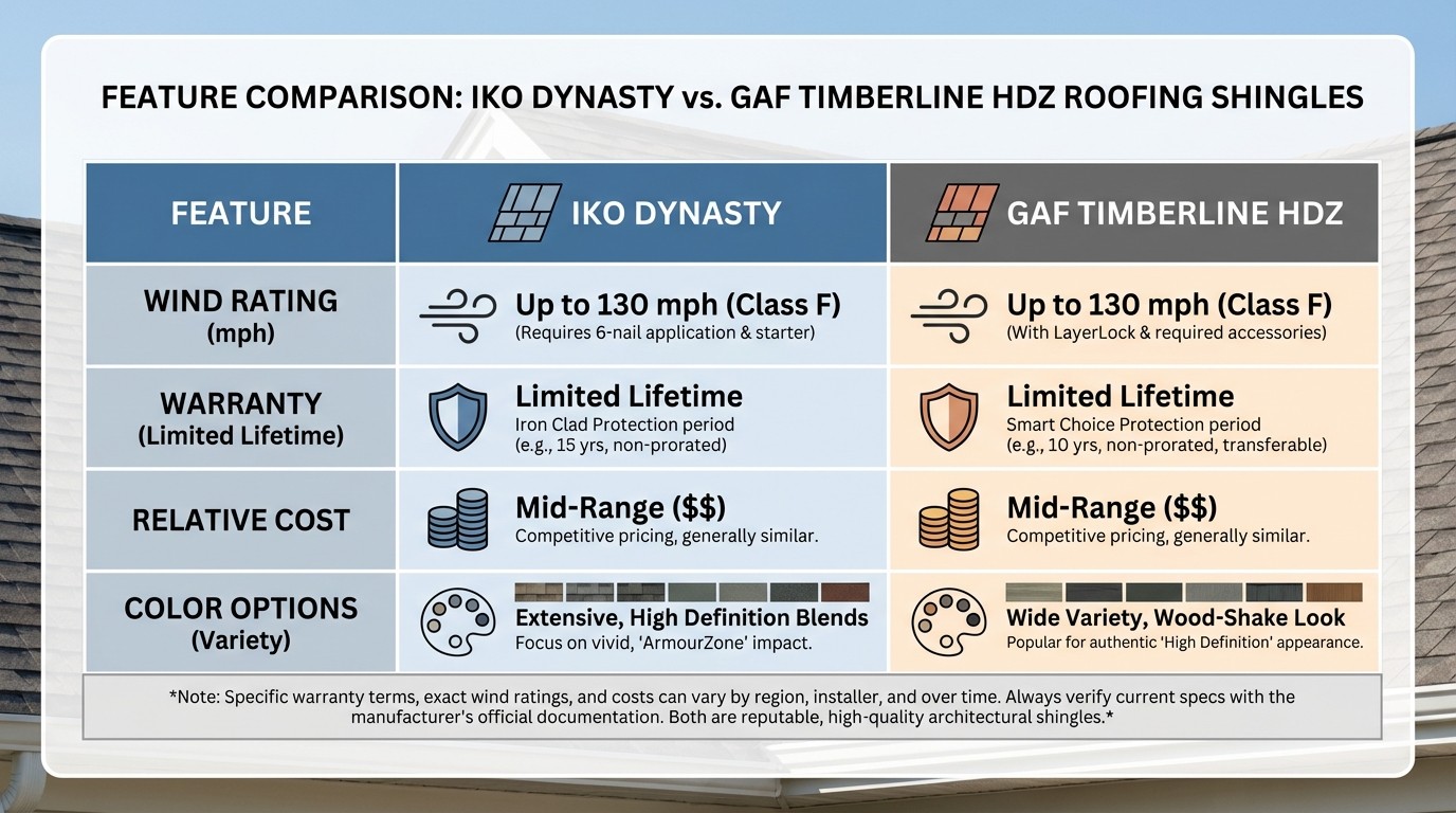 IKO Dynasty vs GAF Timberline HDZ feature comparison chart with specifications