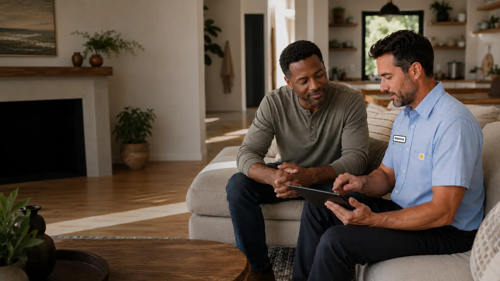 Magic Mechanical technician reviews assessment findings on a tablet with a homeowner in a warm, modern living room.