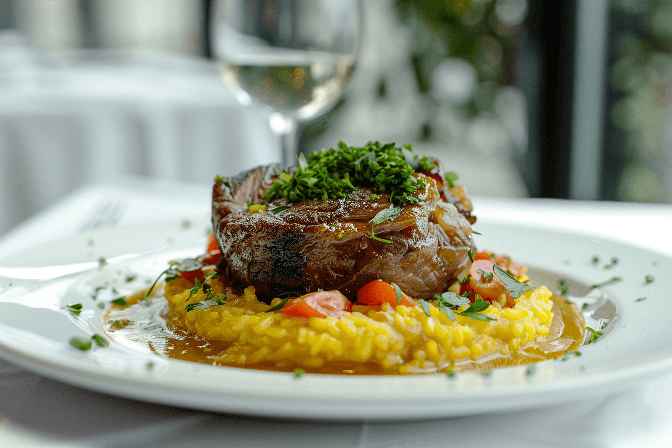 Osso buco alla Milanese with saffron risotto and gremolata garnish served in elegant Italian fine-dining style.