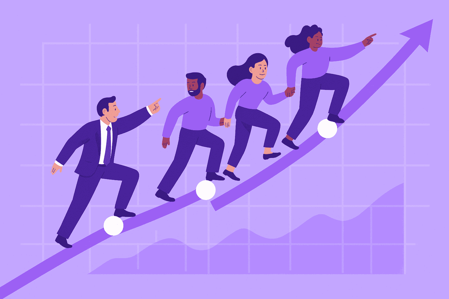 Flat-style digital illustration showing a remote team celebrating success at the top of a rising productivity graph, symbolizing teamwork, collaboration, and high performance.