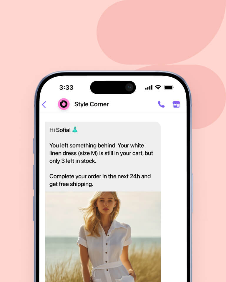 Viber messaging campaign showcasing a personalized message that aims to help a fashion e-commerce store recover abandoned carts.