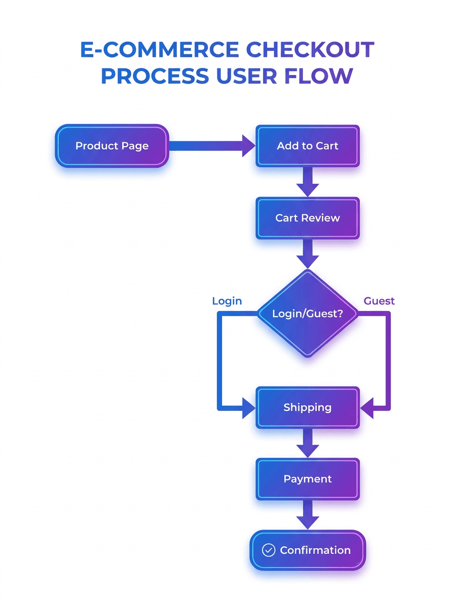 User flow diagram example showing an e-commerce checkout process with decision points and standard flowchart symbols