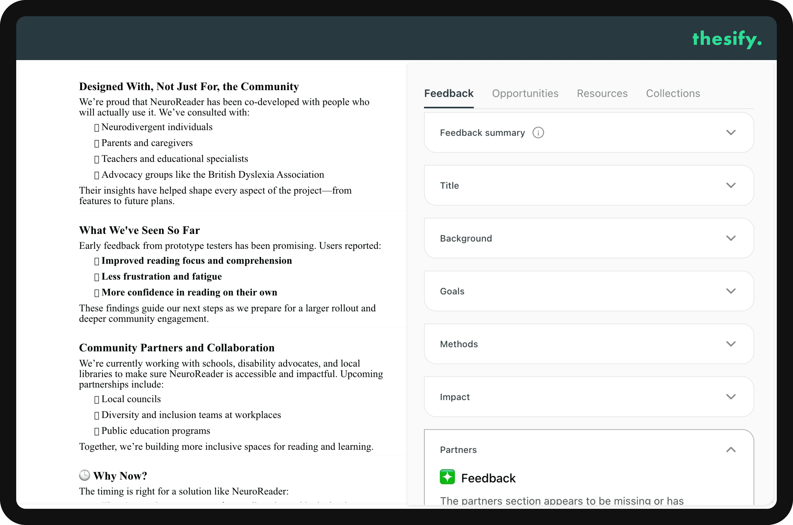 The Thesify app displays a grant proposal together with different rubrics for feedback