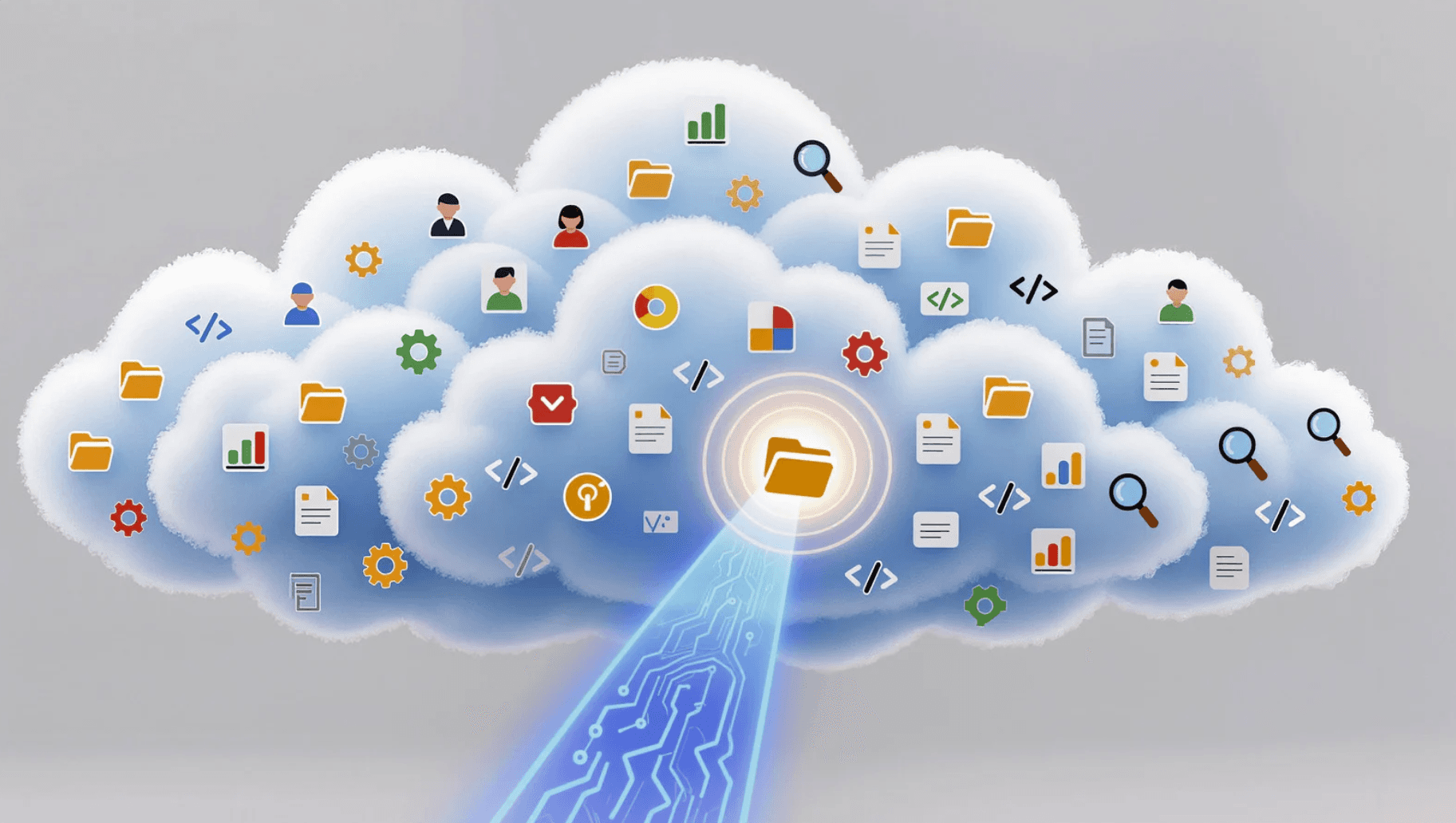 A stylized illustration of multiple cloud shapes filled with colorful icons representing files, folders, charts, code symbols, user profiles, gears, and magnifying glasses. A glowing folder icon in the center emits a beam of blue digital light downward, symbolizing cloud data access or retrieval.