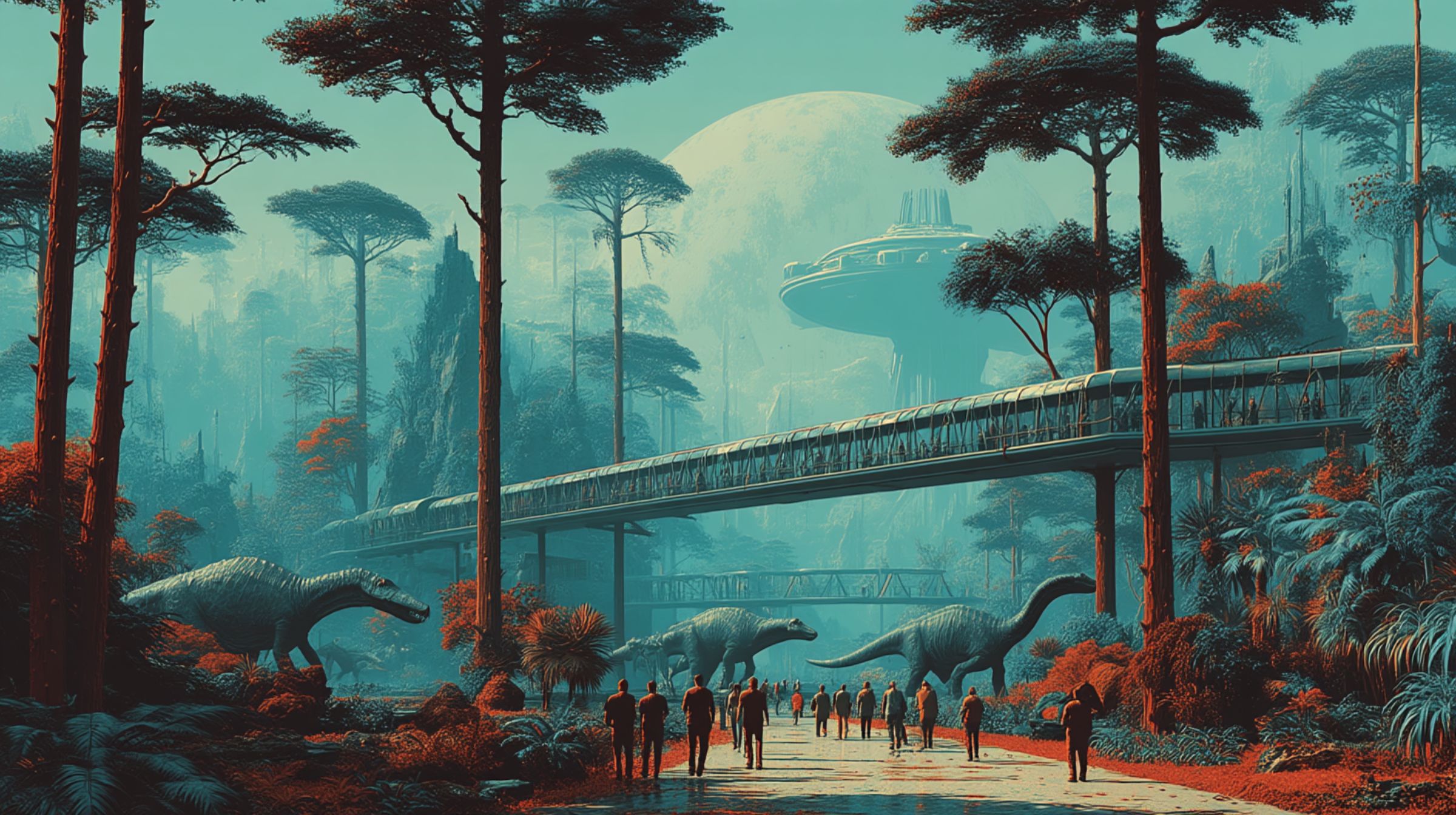 Morning light pours through a jungle park where people and dinosaurs move beneath glass walkways — evolution redesigned with balance and grace.