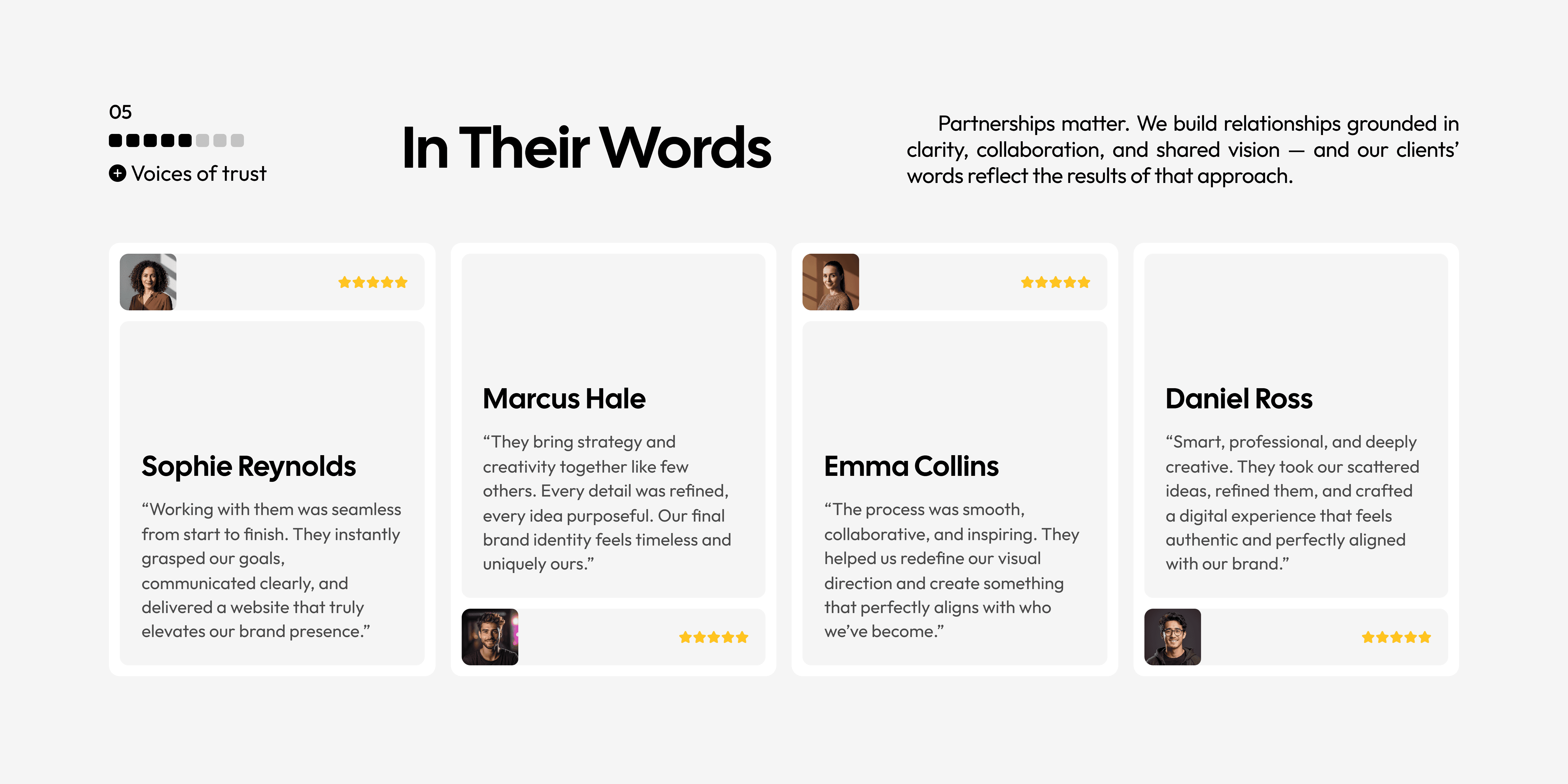 Testimonials section titled "In Their Words" on a light background. Four review cards from clients (Sophie, Marcus, Emma, Daniel) featuring their photos, five-star ratings, and quotes about their positive experience.