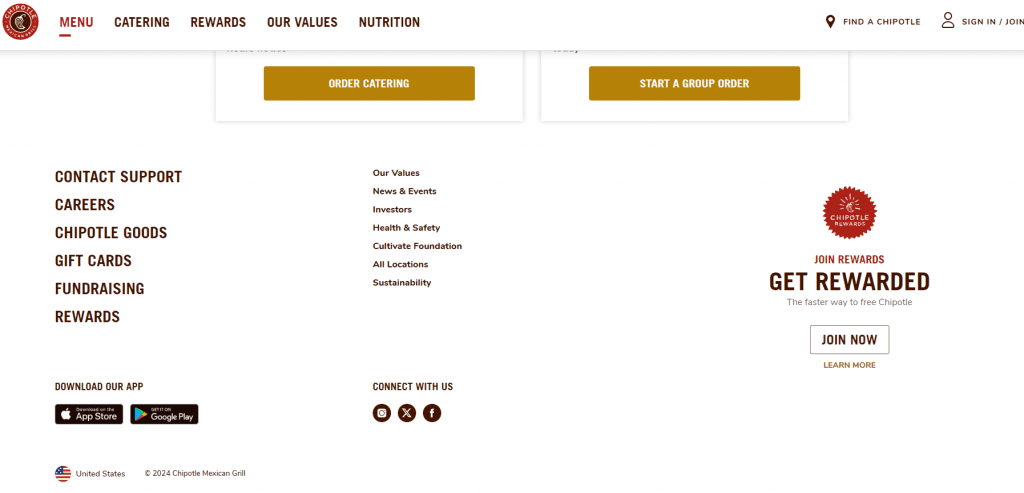 Chipotle website footer