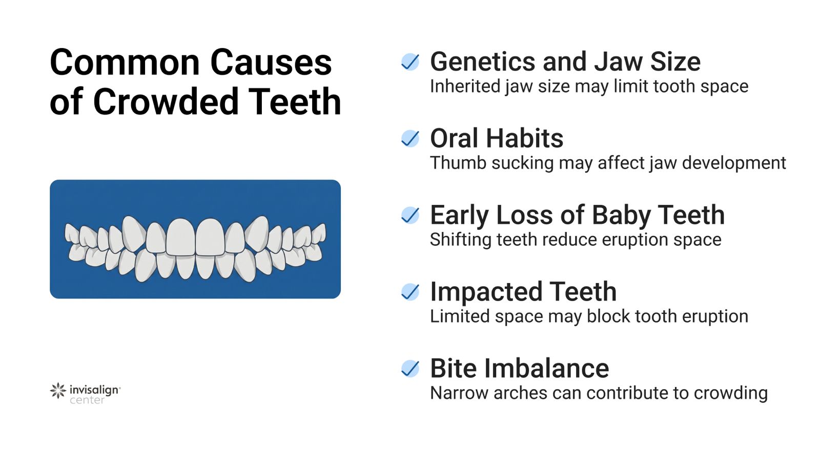 Common causes of crowded teeth, including oral habits and jaw structure