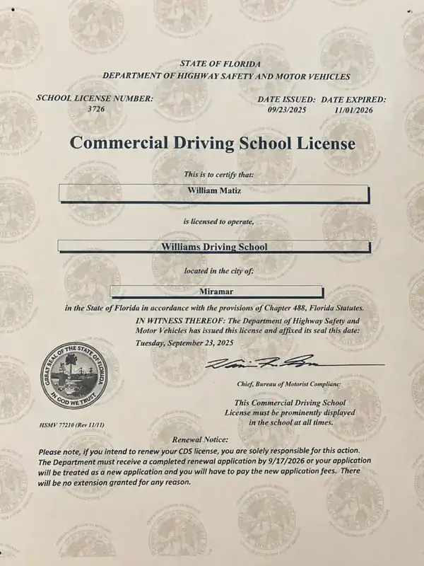 Florida Commercial Driving School License issued to William’s Driving School