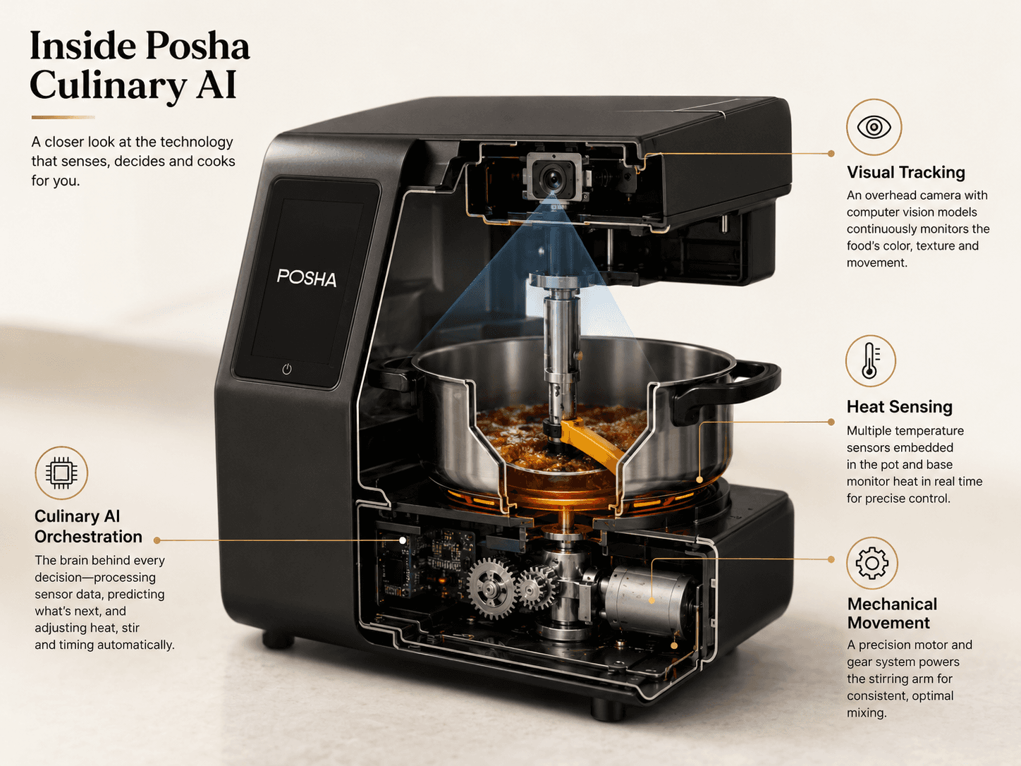 Architecture infographic of AI cooking machine sensors inside Posha system