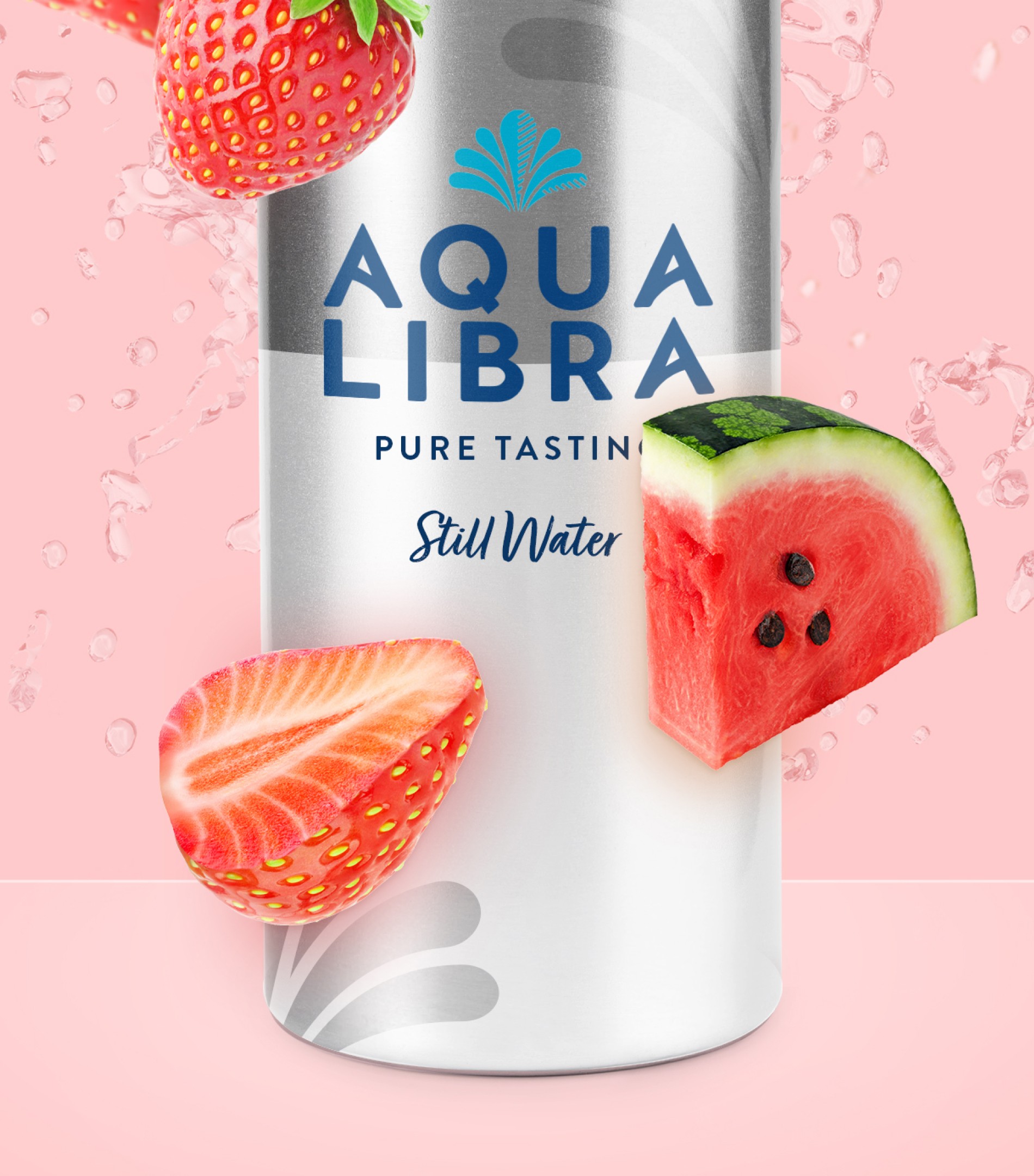 Aqua Libra still water bottle surrounded by strawberries and watermelon on pink background