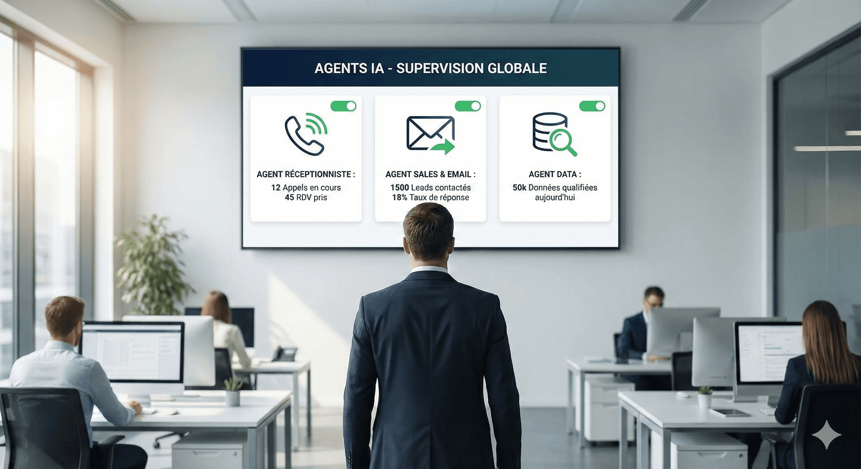 Dirigeant supervisant une flotte d'agents virtuels via une agence d'automatisation IA moderne.