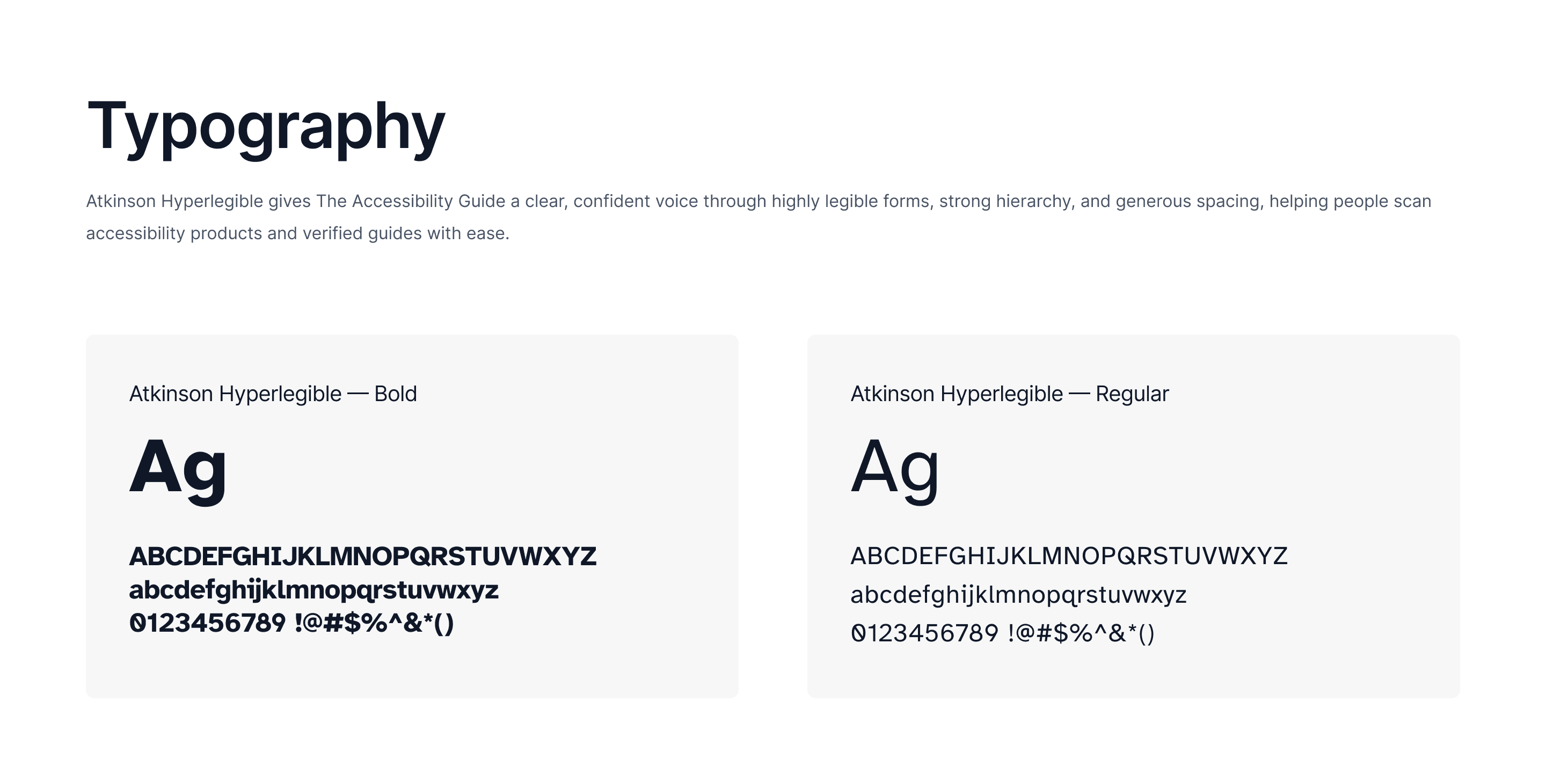 Typography system featuring Atkinson Hyperlegible in Bold and Regular weights, displaying uppercase and lowercase letters, numerals, and symbols.