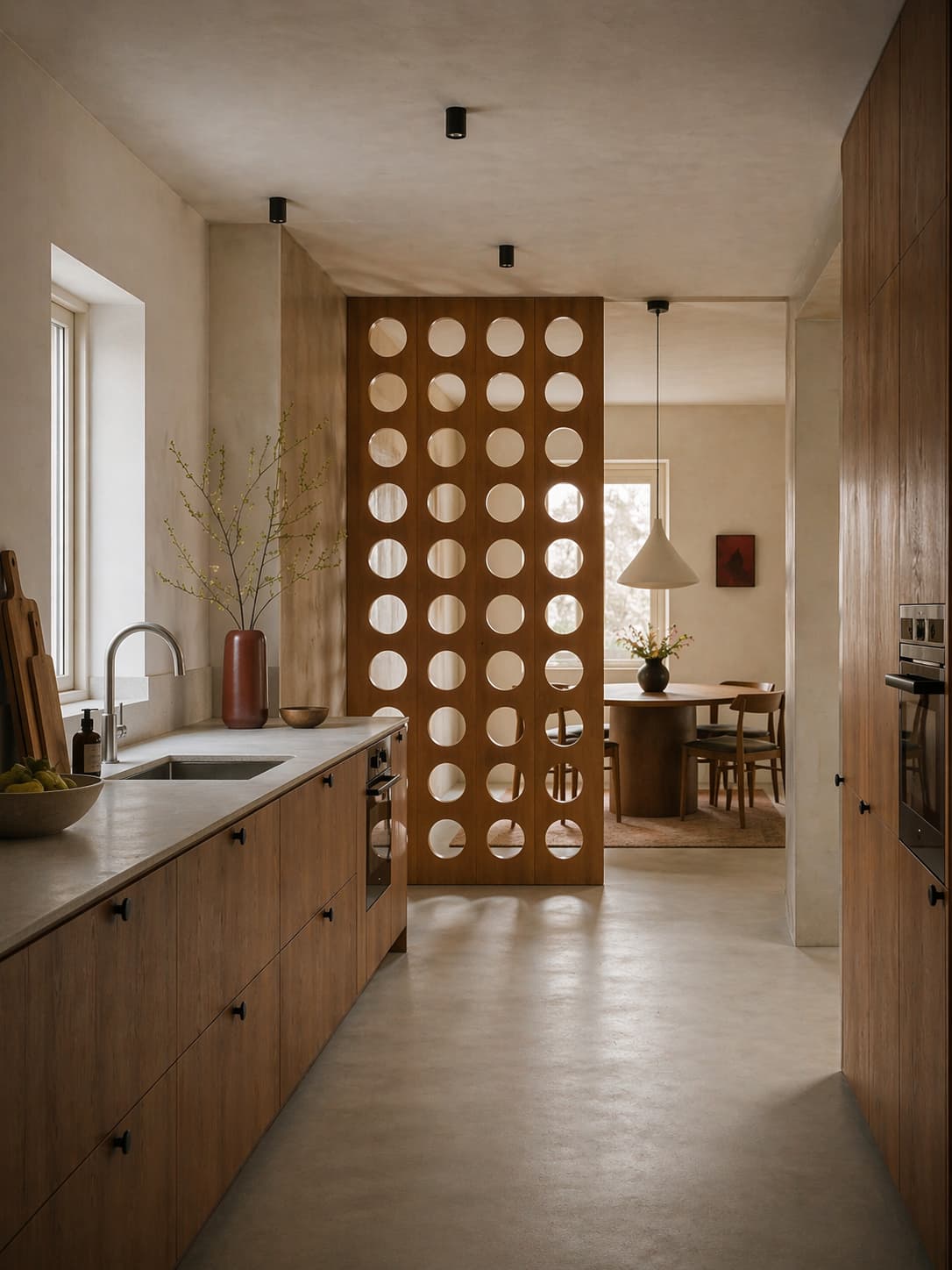 A modern kitchen features light wood cabinetry, a sleek countertop, and minimalistic decor, with a unique circular cut-out wooden partition separating the kitchen from the dining area, enhancing the open-plan design.