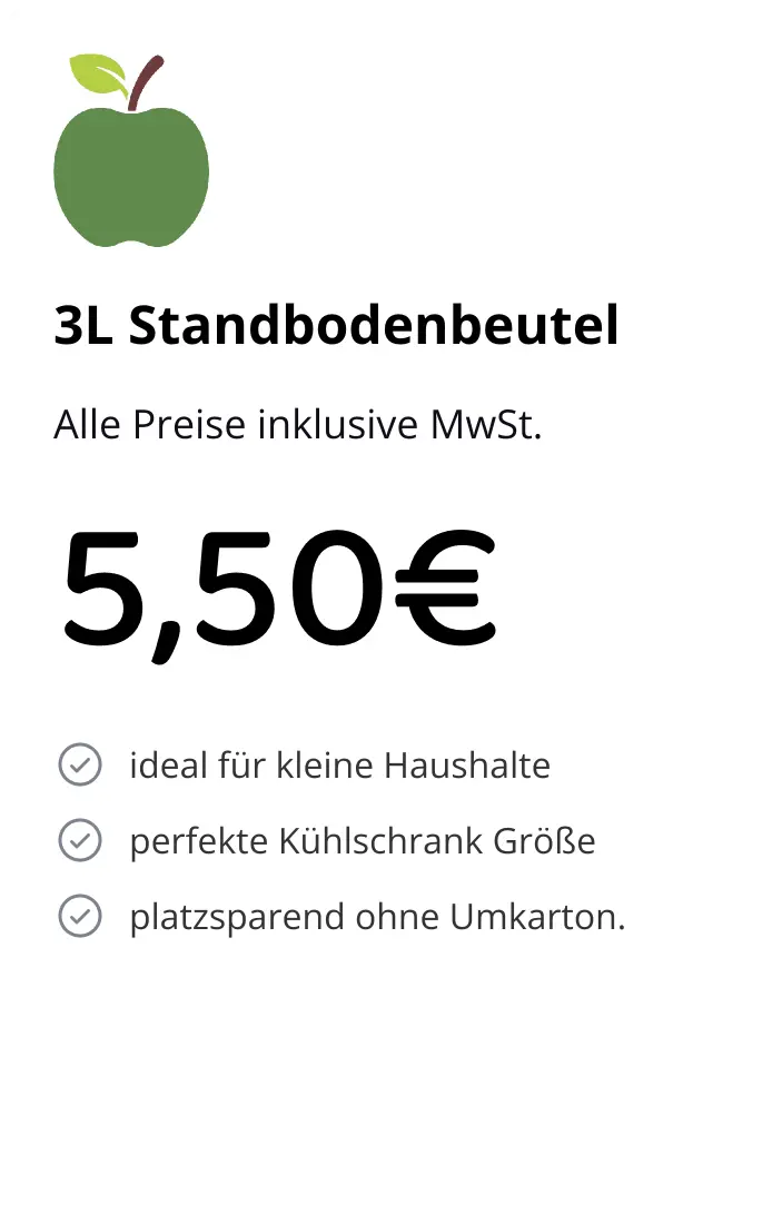 Preiskarte MostMobil 3-Liter-Standbodenbeutel: 5,50 €, ideal für kleine Haushalte, platzsparend ohne Umkarton