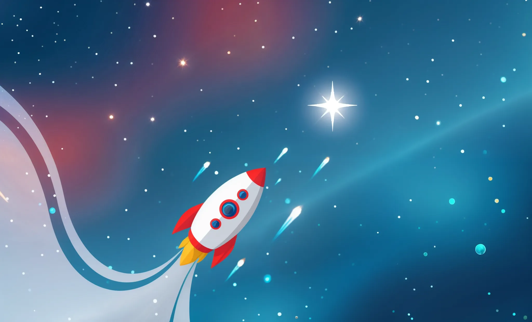 Illustration d'une fusée décollant vers une étoile dans un univers galactique, symbolisant notre expertise en "Gamification" et la création de jeux de plateau sur mesure pour sensibiliser aux bonnes pratiques managériales.