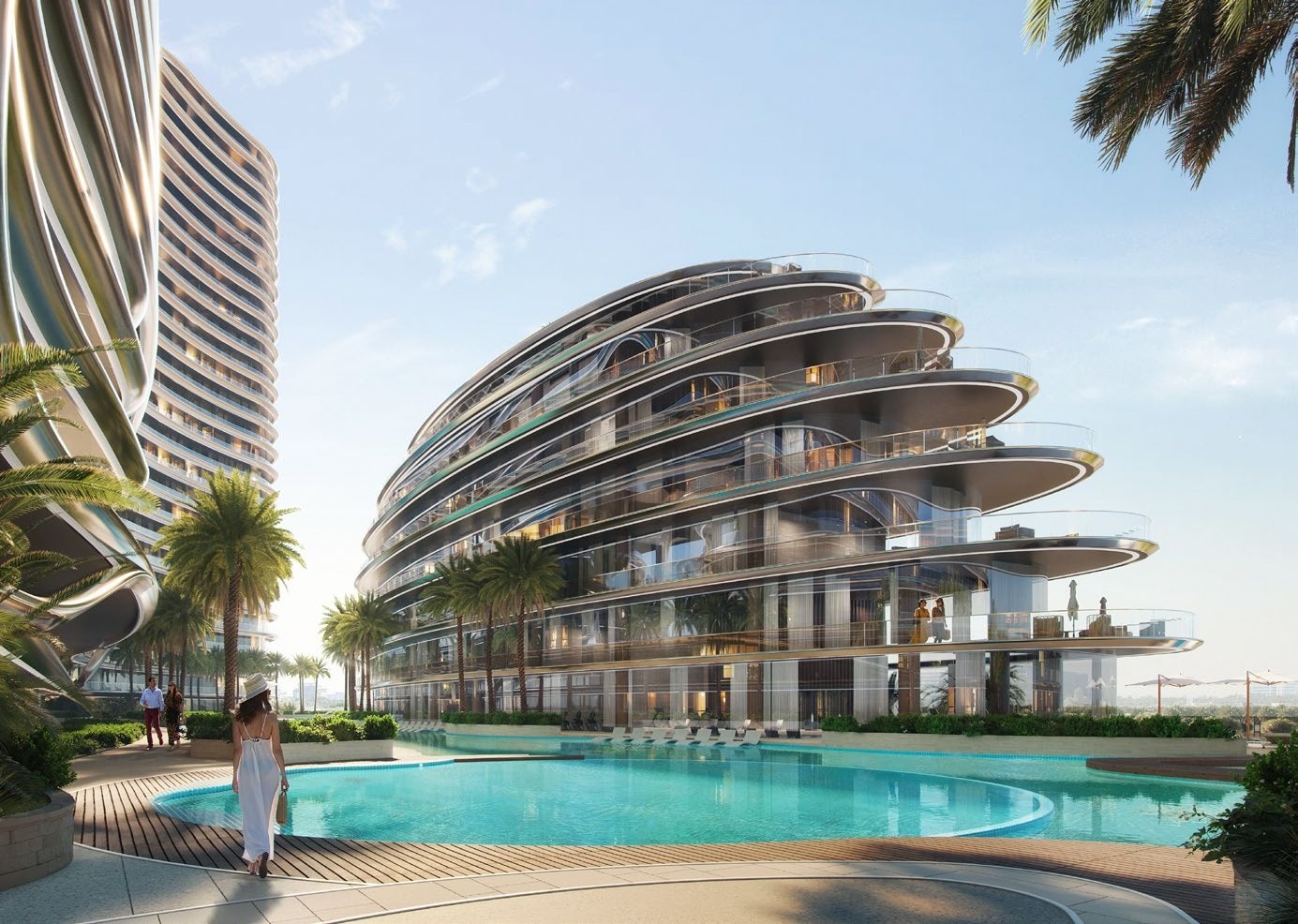 Hero shot of Binghatti Aquarise showcasing glass façade and skyline reflections. Discover luxury Dubai apartments and buy with crypto on Tylt.