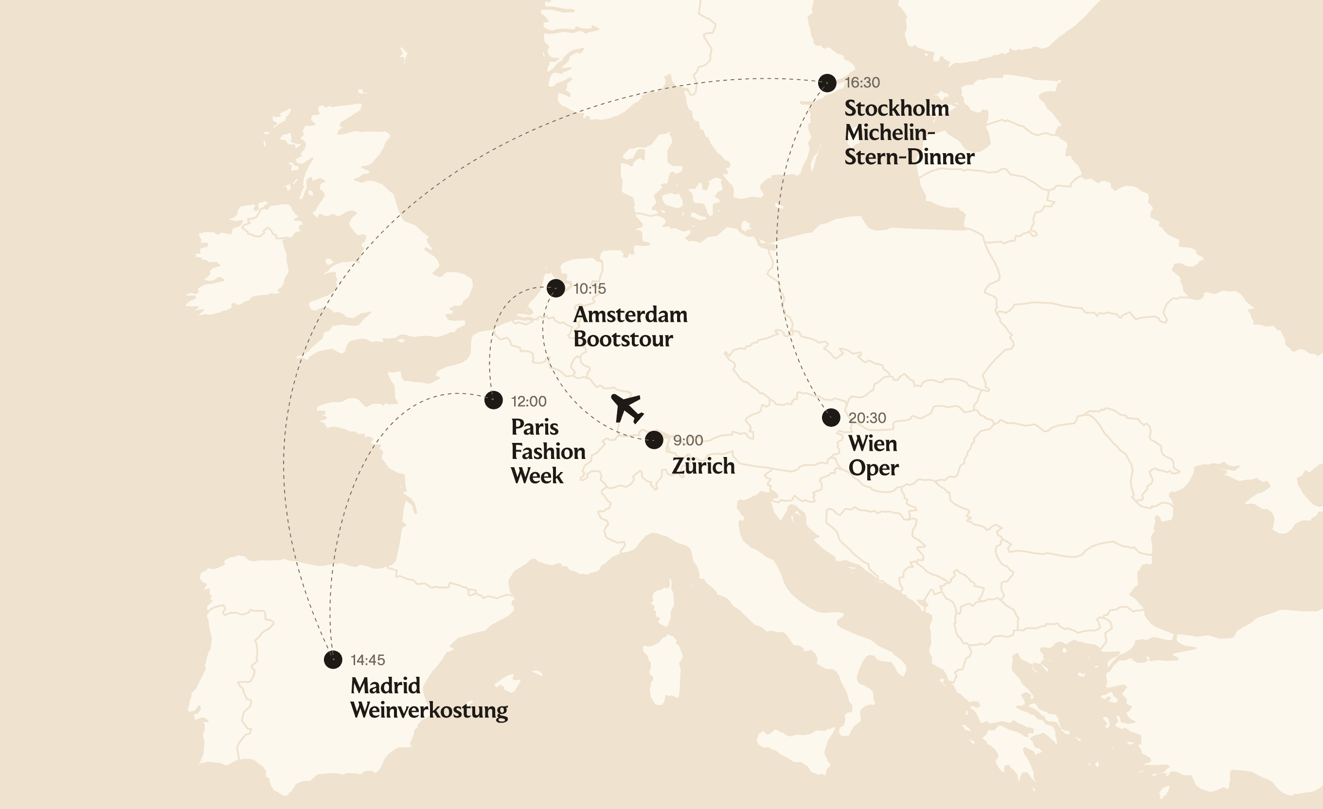 Map showing a possible flight route across Europe: from Zurich, through Amsterdam for a boat tour, Paris for Fashion Week, Madrid for wine tasting, Stockholm for a Michelin-star dinner and to Vienna for an opera.