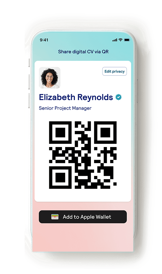 Phone with title share digital CV via QR with the name of the user and a QR code 