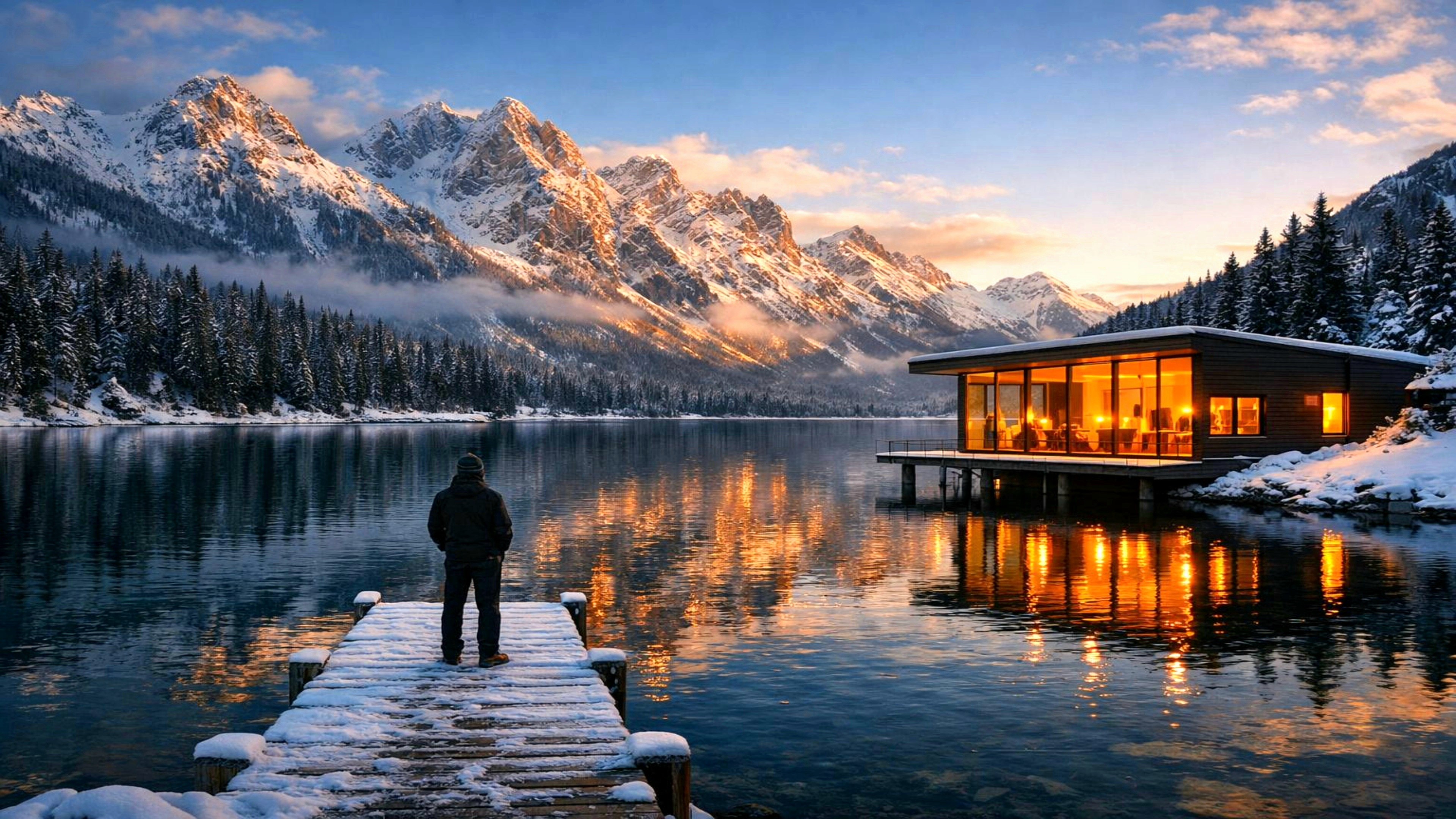 A person stands by a serene lake at sunrise, with mountains and a cozy cabin reflecting in the water.