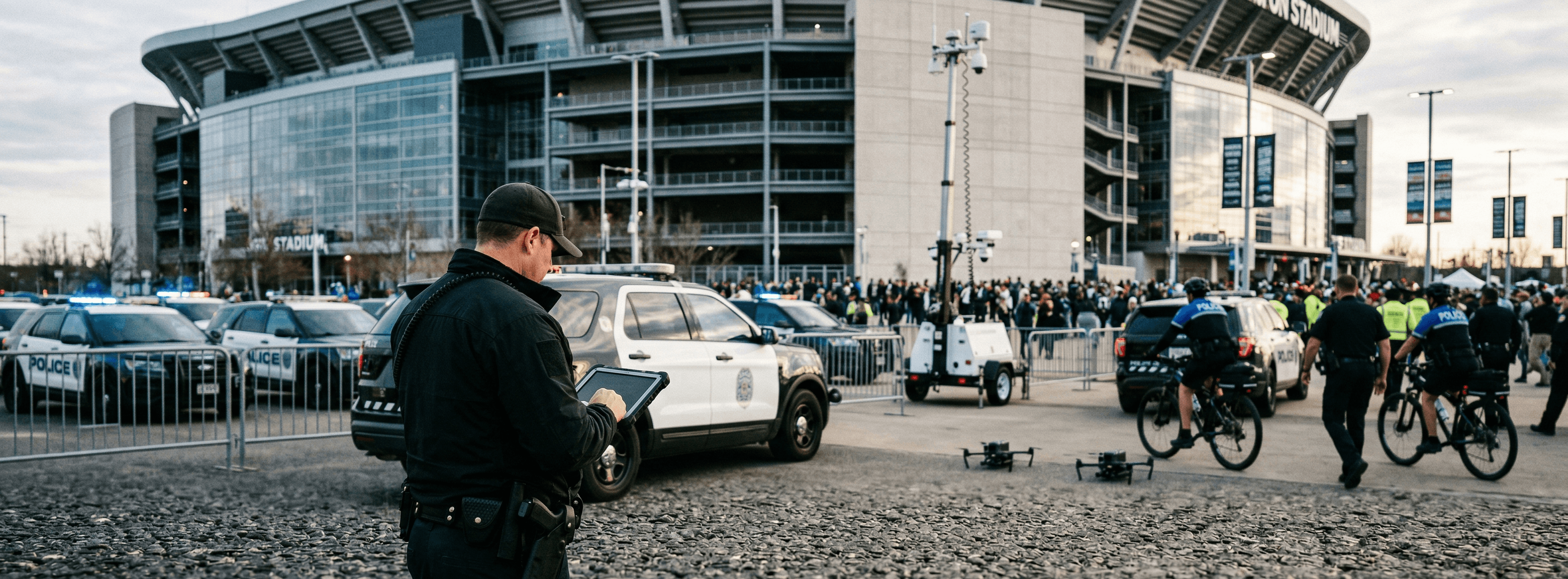 police operating drones outside a stadium